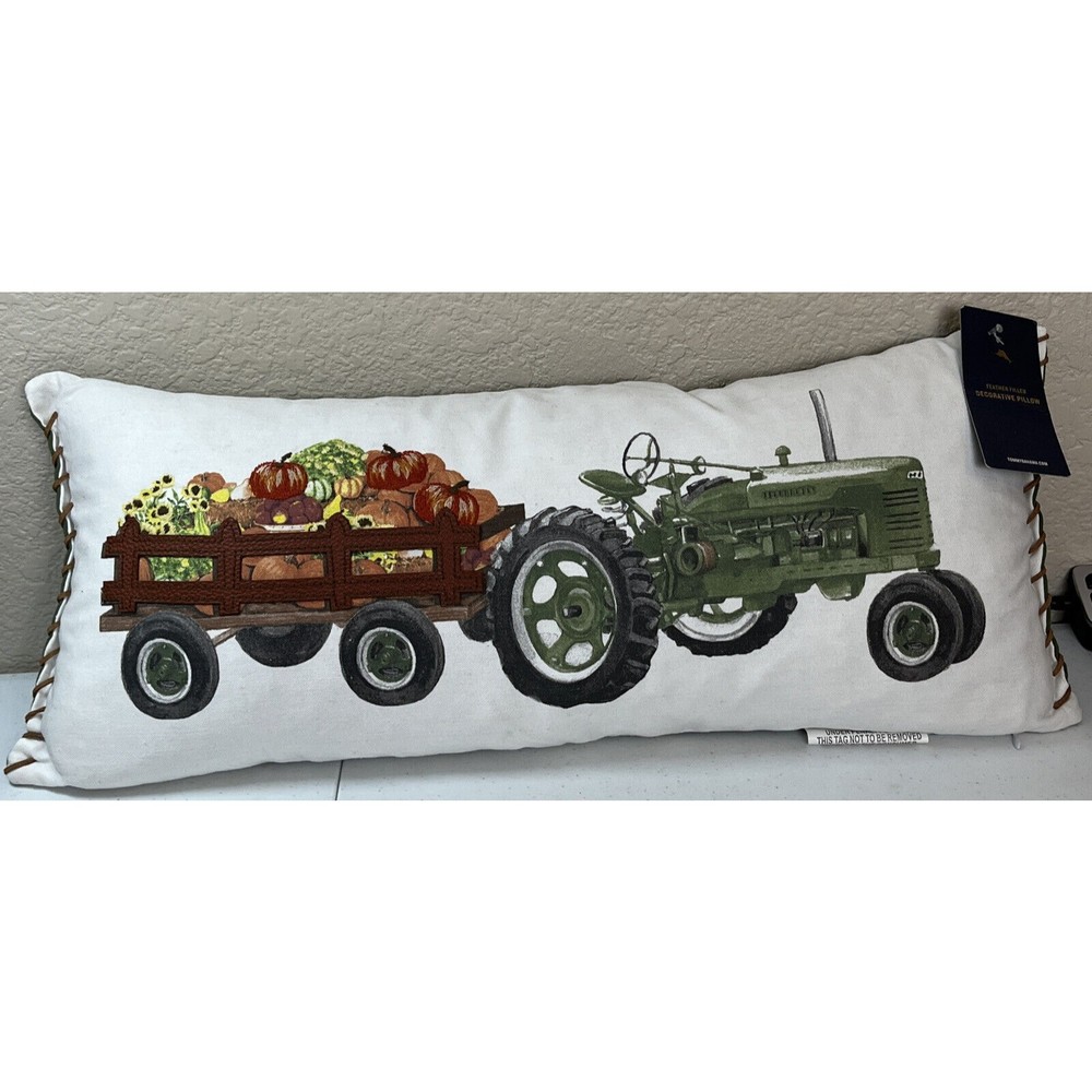 Tommy Bahama PUMPKINS Vintage TRACTOR WAGON Autumn Fall 24" Decorator Pillow New